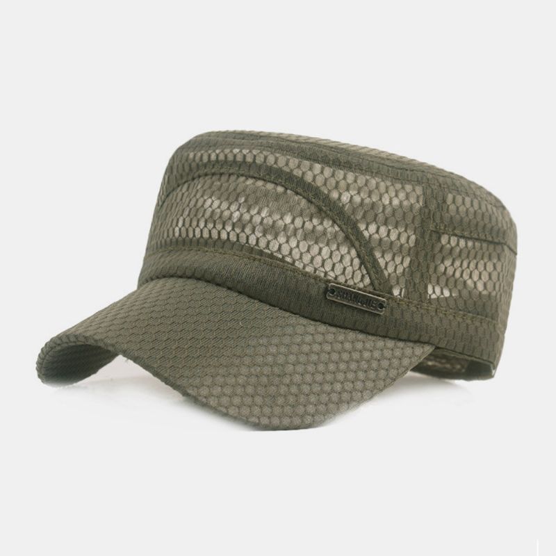 Hommes Réglable Mesh Respirant Couleur Unie Casquette Militaire Casquette Plate Avec Lettre En Métal Étiquette