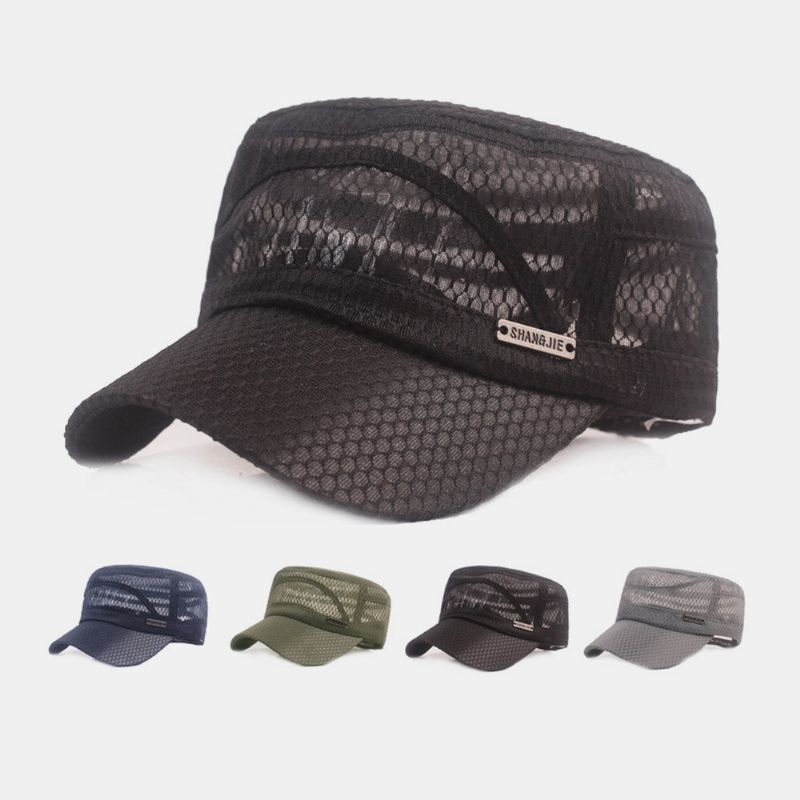 Hommes Réglable Mesh Respirant Couleur Unie Casquette Militaire Casquette Plate Avec Lettre En Métal Étiquette