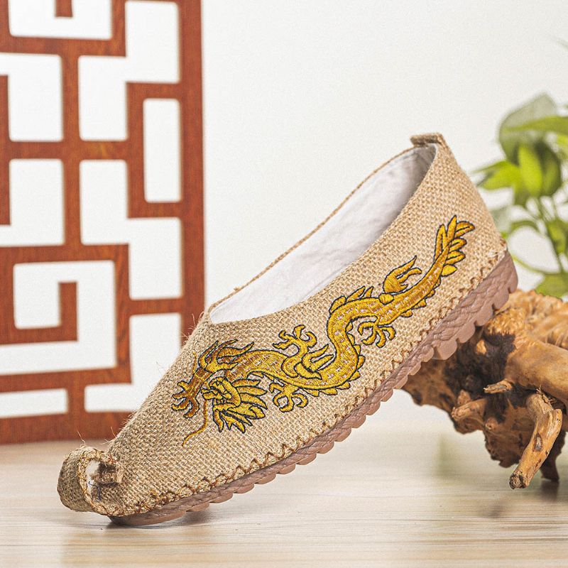 Hommes Respirant Antidérapant Vieux Peking Dragon Broderie Confortable Casual Chaussures En Lin