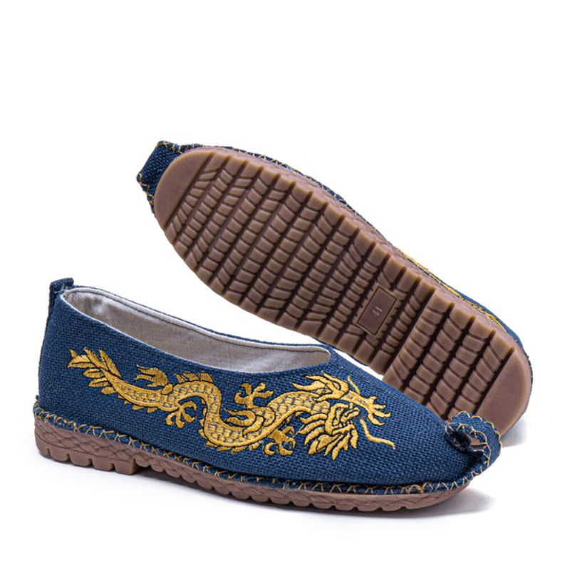 Hommes Respirant Antidérapant Vieux Peking Dragon Broderie Confortable Casual Chaussures En Lin