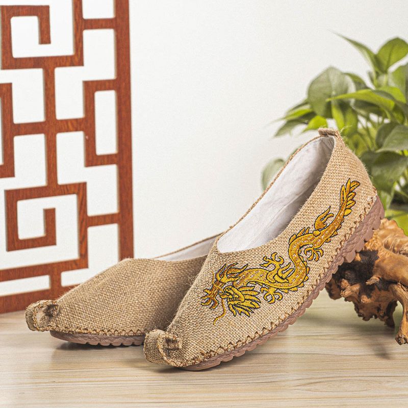 Hommes Respirant Antidérapant Vieux Peking Dragon Broderie Confortable Casual Chaussures En Lin