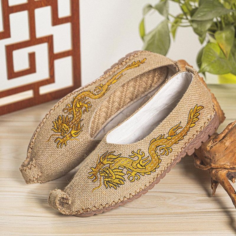 Hommes Respirant Antidérapant Vieux Peking Dragon Broderie Confortable Casual Chaussures En Lin