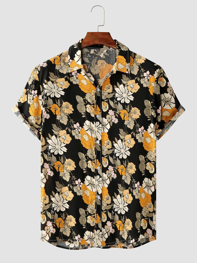 Hommes Retro Allover Floral Print Front Button Cuff Hem Soft Casual Shirts