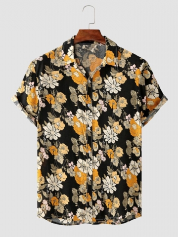 Hommes Retro Allover Floral Print Front Button Cuff Hem Soft Casual Shirts