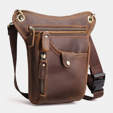 Hommes Rétro En Cuir Véritable Multi-poches Sac De Taille Sport De Plein Air 6.5 Pouces Téléphone Sac Fermeture Éclair Sacs À Bandoulière Sac À Bandoulière