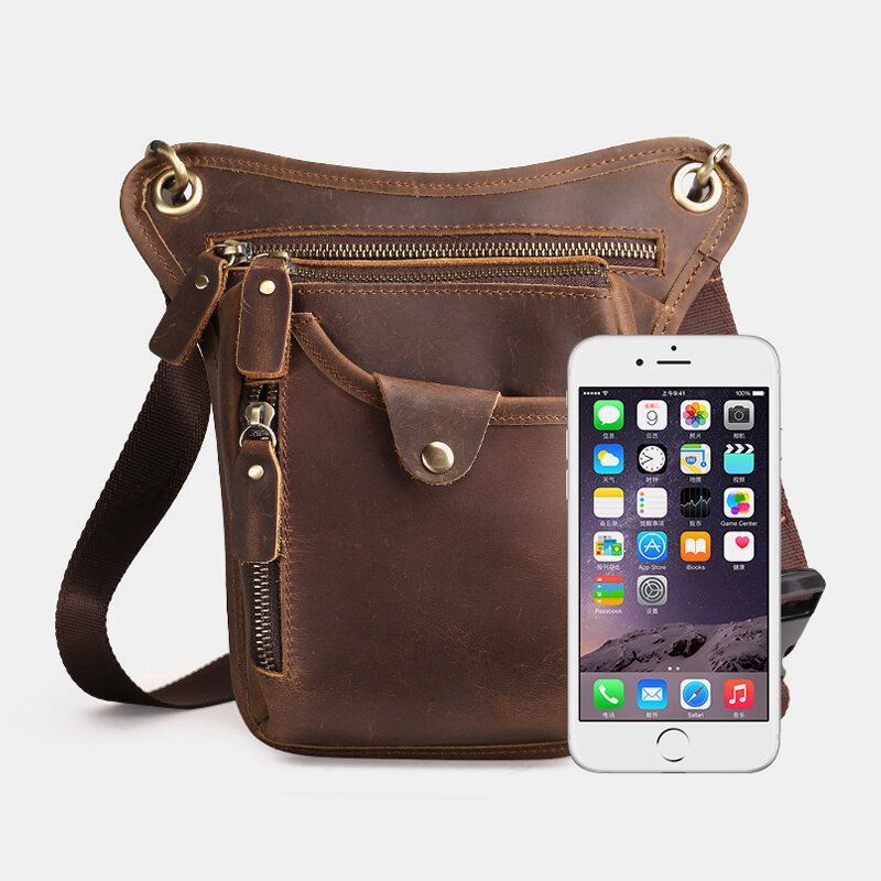 Hommes Rétro En Cuir Véritable Multi-poches Sac De Taille Sport De Plein Air 6.5 Pouces Téléphone Sac Fermeture Éclair Sacs À Bandoulière Sac À Bandoulière