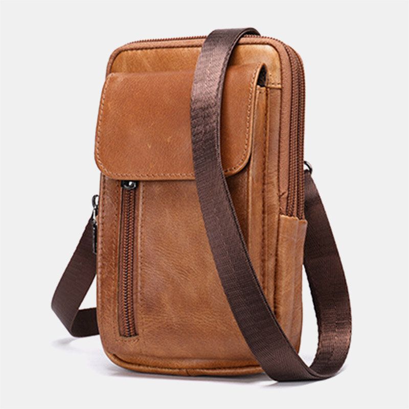 Hommes Rétro Double Couche En Cuir De Vache Taille Sac Casual Résistant À L'usure 6.5 Pouces Téléphone Sac Ceinture Sac Bandoulière Sac À Bandoulière Sac