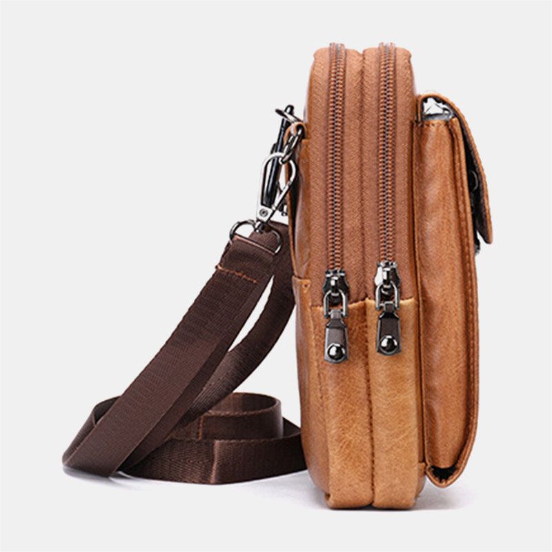 Hommes Rétro Double Couche En Cuir De Vache Taille Sac Casual Résistant À L'usure 6.5 Pouces Téléphone Sac Ceinture Sac Bandoulière Sac À Bandoulière Sac