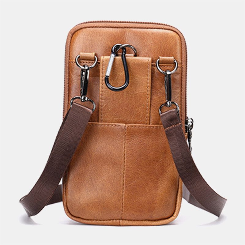 Hommes Rétro Double Couche En Cuir De Vache Taille Sac Casual Résistant À L'usure 6.5 Pouces Téléphone Sac Ceinture Sac Bandoulière Sac À Bandoulière Sac