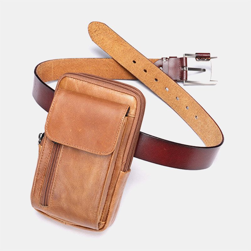 Hommes Rétro Double Couche En Cuir De Vache Taille Sac Casual Résistant À L'usure 6.5 Pouces Téléphone Sac Ceinture Sac Bandoulière Sac À Bandoulière Sac