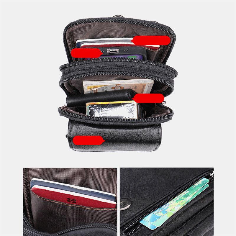 Hommes Rétro Double Couche En Cuir De Vache Taille Sac Casual Résistant À L'usure 6.5 Pouces Téléphone Sac Ceinture Sac Bandoulière Sac À Bandoulière Sac