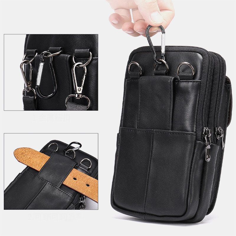 Hommes Rétro Double Couche En Cuir De Vache Taille Sac Casual Résistant À L'usure 6.5 Pouces Téléphone Sac Ceinture Sac Bandoulière Sac À Bandoulière Sac