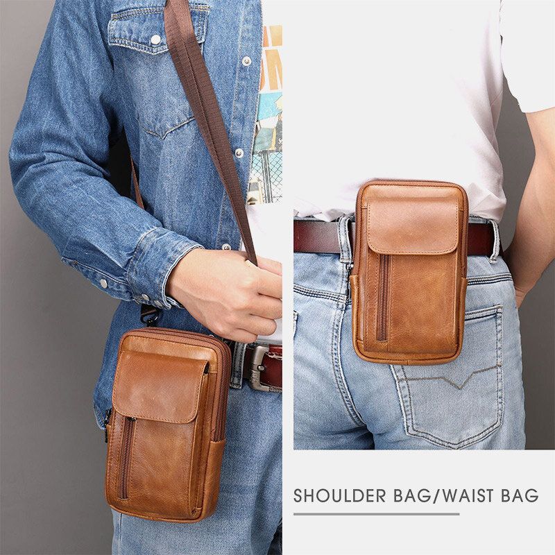 Hommes Rétro Double Couche En Cuir De Vache Taille Sac Casual Résistant À L'usure 6.5 Pouces Téléphone Sac Ceinture Sac Bandoulière Sac À Bandoulière Sac