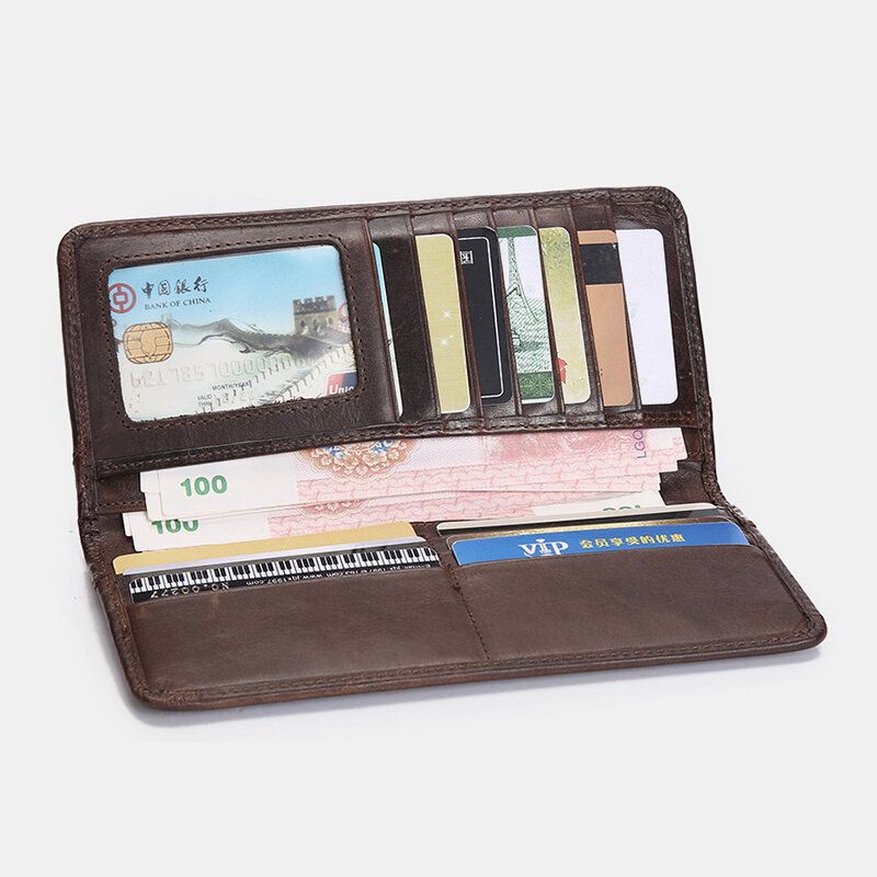 Hommes Rétro Longue Pliante En Cuir Véritable Portefeuille Décontracté 12 Fente Pour Carte Porte-carte Pince À Billets Pochette