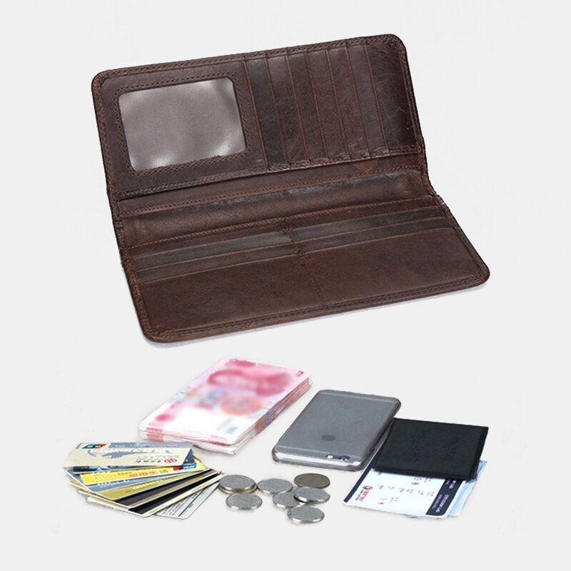 Hommes Rétro Longue Pliante En Cuir Véritable Portefeuille Décontracté 12 Fente Pour Carte Porte-carte Pince À Billets Pochette