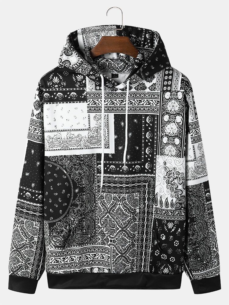 Hommes Rétro Paisley Ethnique Contraste Poche Avant Cordon Hoodies