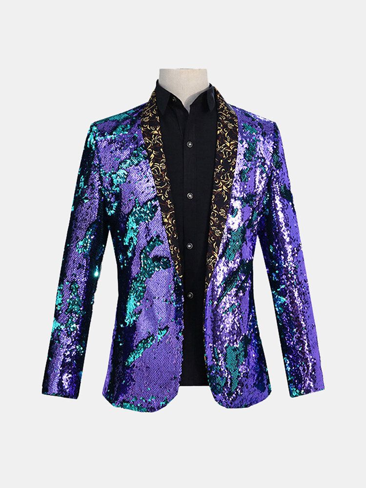 Hommes Réversible Double Couleur Robe À Paillettes Costume Scène De Mariage Col Floral Casual Blazers