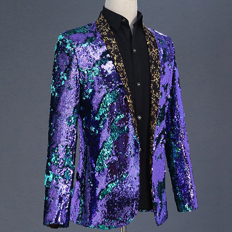 Hommes Réversible Double Couleur Robe À Paillettes Costume Scène De Mariage Col Floral Casual Blazers