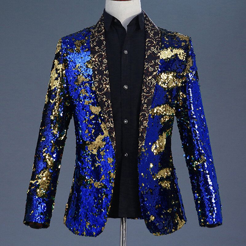 Hommes Réversible Double Couleur Robe À Paillettes Costume Scène De Mariage Col Floral Casual Blazers