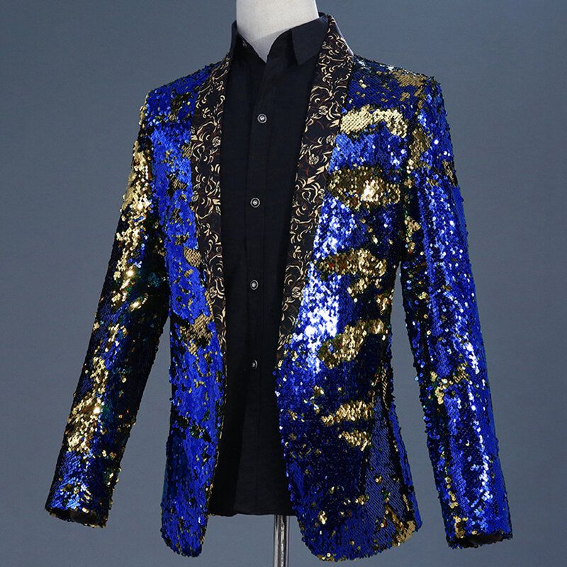 Hommes Réversible Double Couleur Robe À Paillettes Costume Scène De Mariage Col Floral Casual Blazers