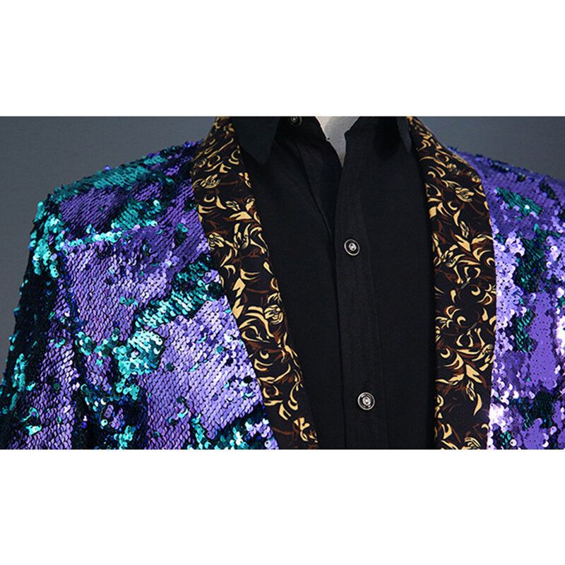 Hommes Réversible Double Couleur Robe À Paillettes Costume Scène De Mariage Col Floral Casual Blazers