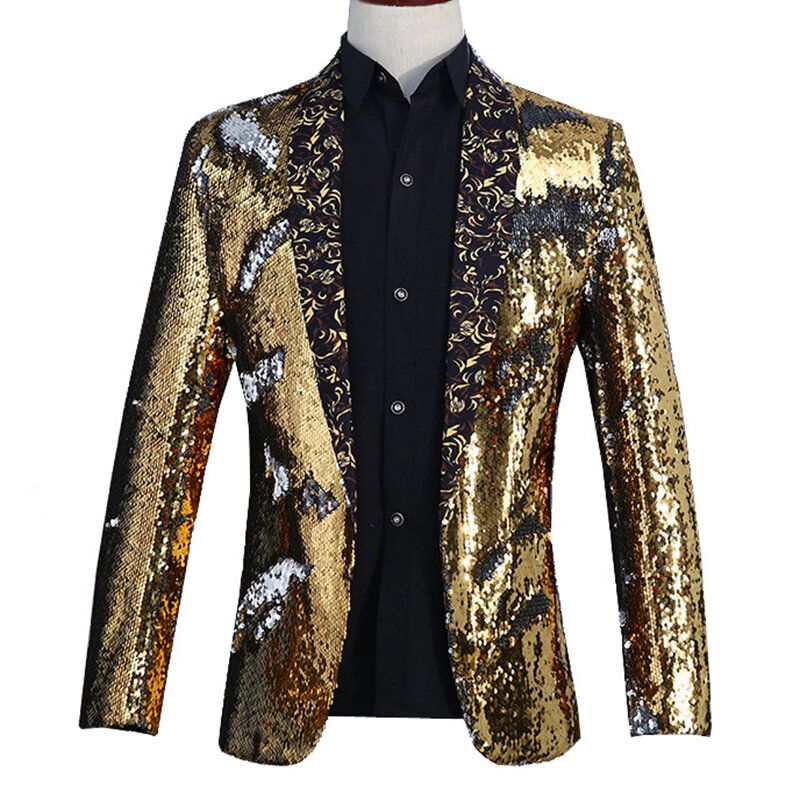 Hommes Réversible Double Couleur Robe À Paillettes Costume Scène De Mariage Col Floral Casual Blazers