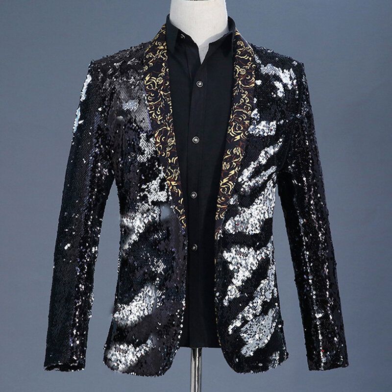 Hommes Réversible Double Couleur Robe À Paillettes Costume Scène De Mariage Col Floral Casual Blazers