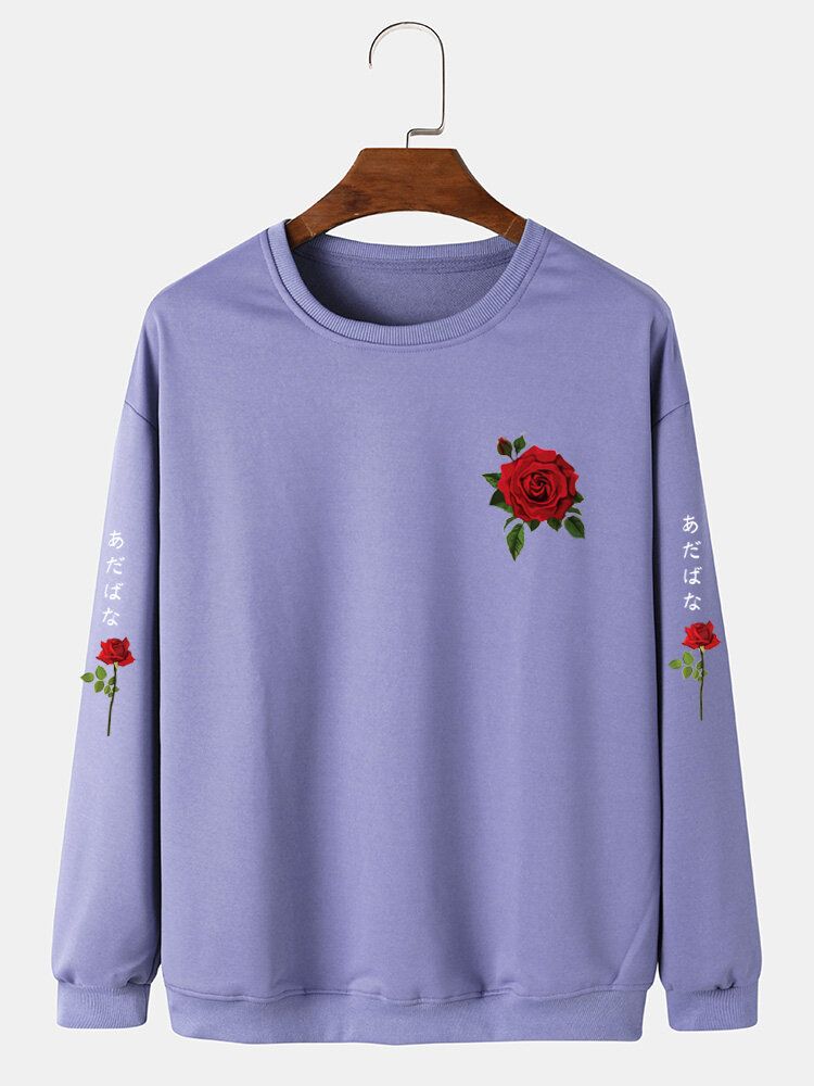 Hommes Rose Japonais Lettre Moulante Ourlet Loisirs Pullover Sweat