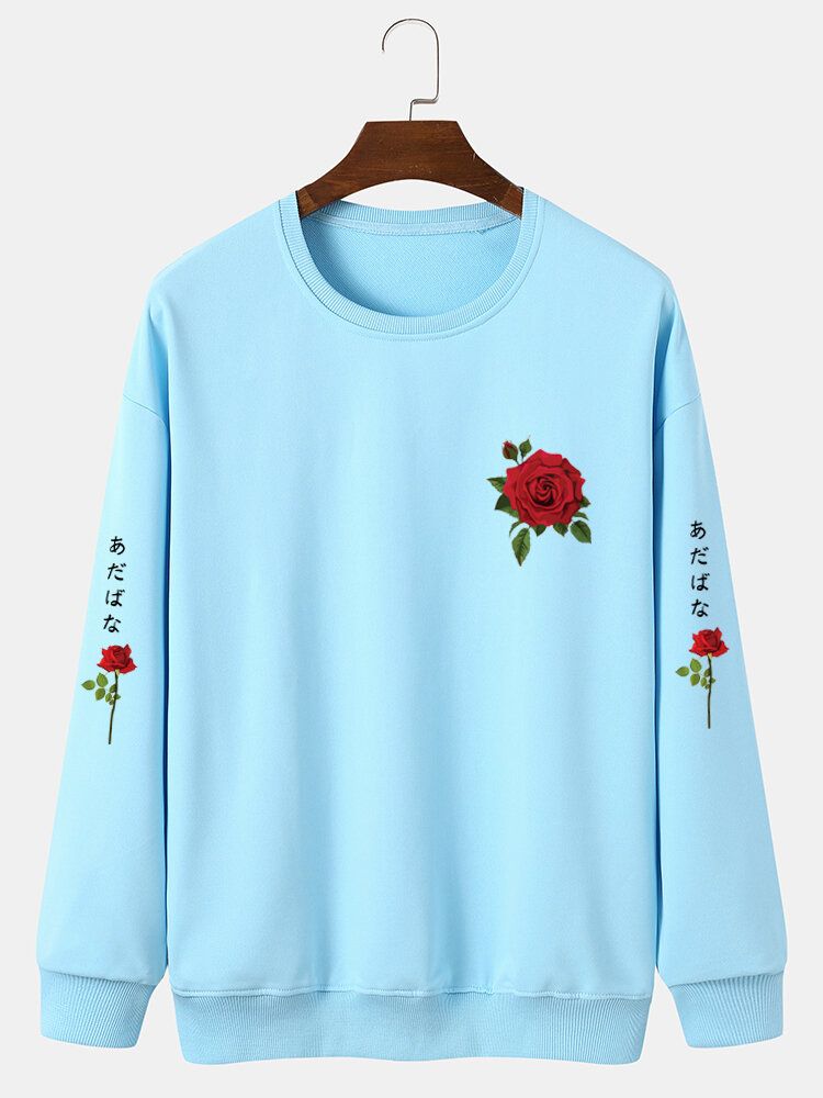 Hommes Rose Japonais Lettre Moulante Ourlet Loisirs Pullover Sweat