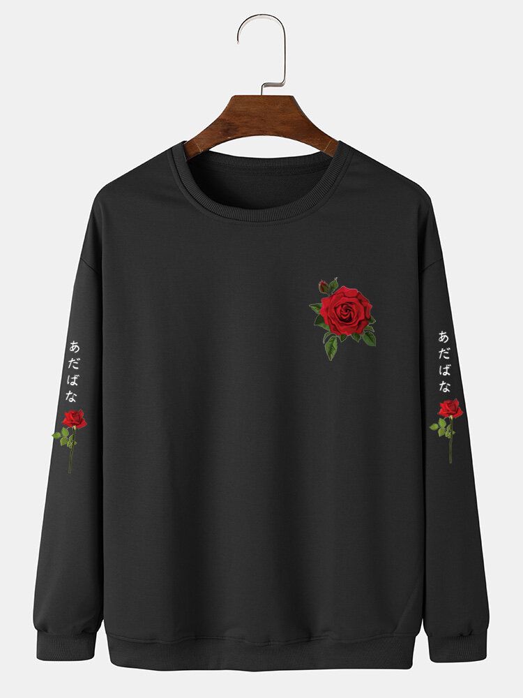 Hommes Rose Japonais Lettre Moulante Ourlet Loisirs Pullover Sweat