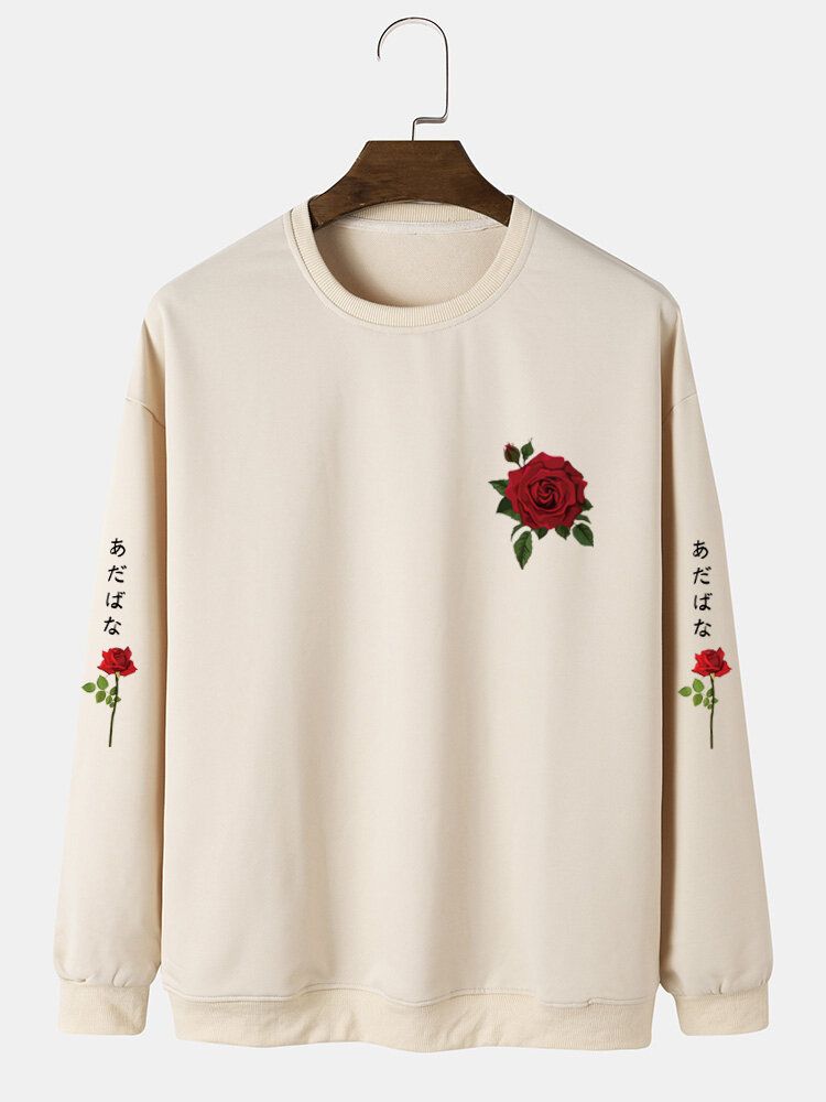 Hommes Rose Japonais Lettre Moulante Ourlet Loisirs Pullover Sweat