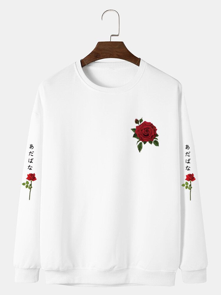 Hommes Rose Japonais Lettre Moulante Ourlet Loisirs Pullover Sweat