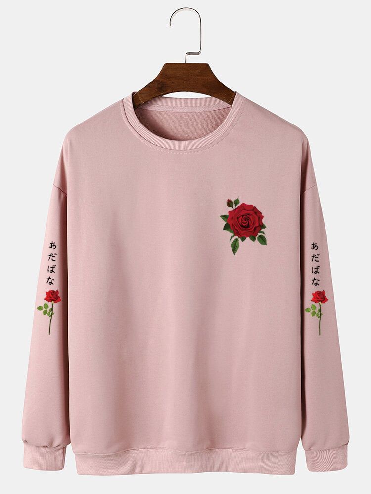 Hommes Rose Japonais Lettre Moulante Ourlet Loisirs Pullover Sweat