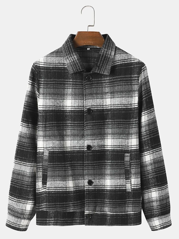 Hommes Rue Plaid Coton Revers Contraste Poches Bouton Chemises Vestes