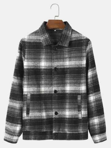 Hommes Rue Plaid Coton Revers Contraste Poches Bouton Chemises Vestes