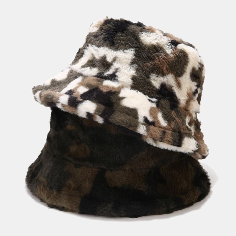 Hommes Seau Chapeau Fausse Fourrure De Lapin Camouflage Imprimé Extérieur Chaud Pêcheur Cap