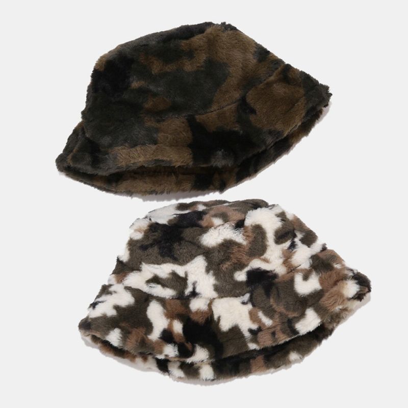 Hommes Seau Chapeau Fausse Fourrure De Lapin Camouflage Imprimé Extérieur Chaud Pêcheur Cap