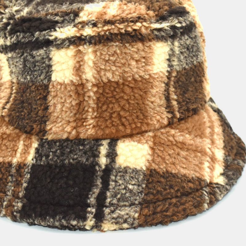 Hommes Seau Chapeau Laine D'agneau Hiver Épais En Peluche Chaud Treillis Pêcheur Cap