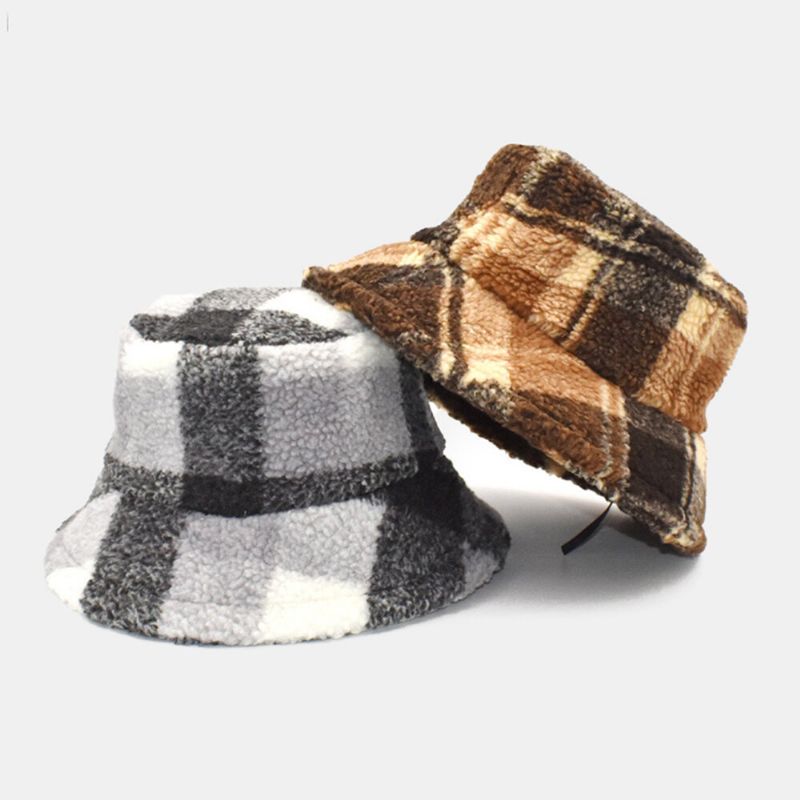 Hommes Seau Chapeau Laine D'agneau Hiver Épais En Peluche Chaud Treillis Pêcheur Cap