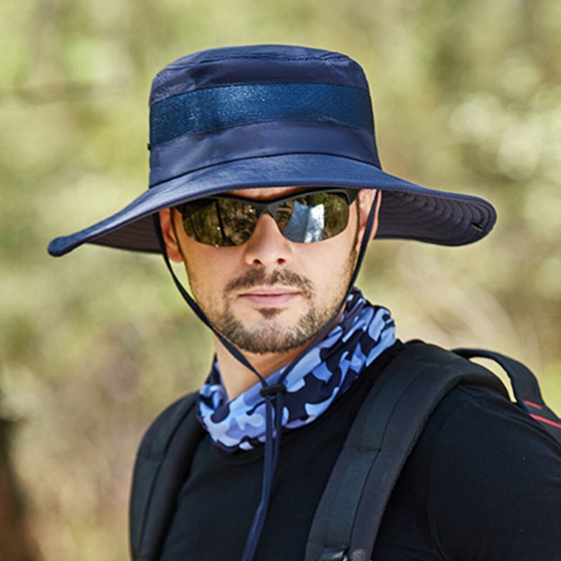 Hommes Seau Chapeau Nylon Maille Patchwork Solide Respirant Large Bord Crème Solaire Pêche En Plein Air Escalade Seau Chapeau