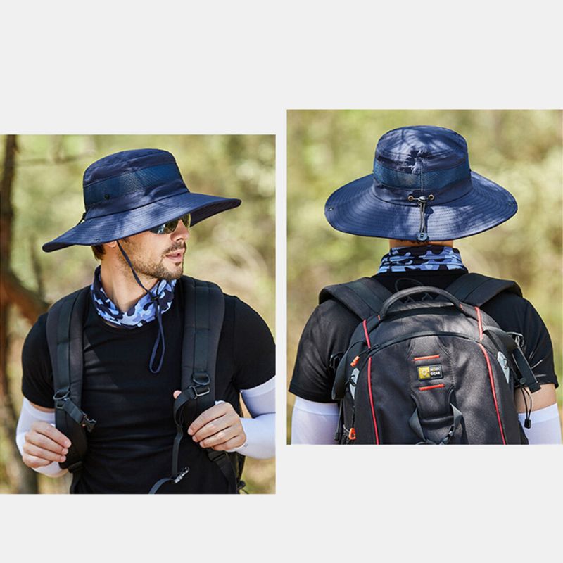 Hommes Seau Chapeau Nylon Maille Patchwork Solide Respirant Large Bord Crème Solaire Pêche En Plein Air Escalade Seau Chapeau