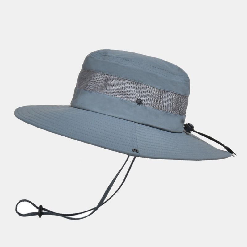 Hommes Seau Chapeau Nylon Maille Patchwork Solide Respirant Large Bord Crème Solaire Pêche En Plein Air Escalade Seau Chapeau