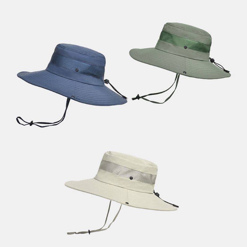 Hommes Seau Chapeau Nylon Maille Patchwork Solide Respirant Large Bord Crème Solaire Pêche En Plein Air Escalade Seau Chapeau