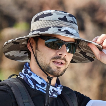 Hommes Seau Chapeau Polyester Camouflage Maille Respirant Large Bord Crème Solaire Pêche En Plein Air Escalade Seau Chapeau