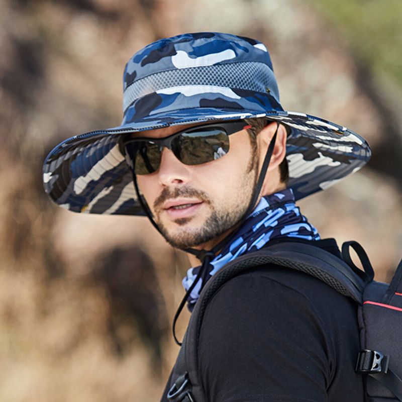 Hommes Seau Chapeau Polyester Camouflage Maille Respirant Large Bord Crème Solaire Pêche En Plein Air Escalade Seau Chapeau