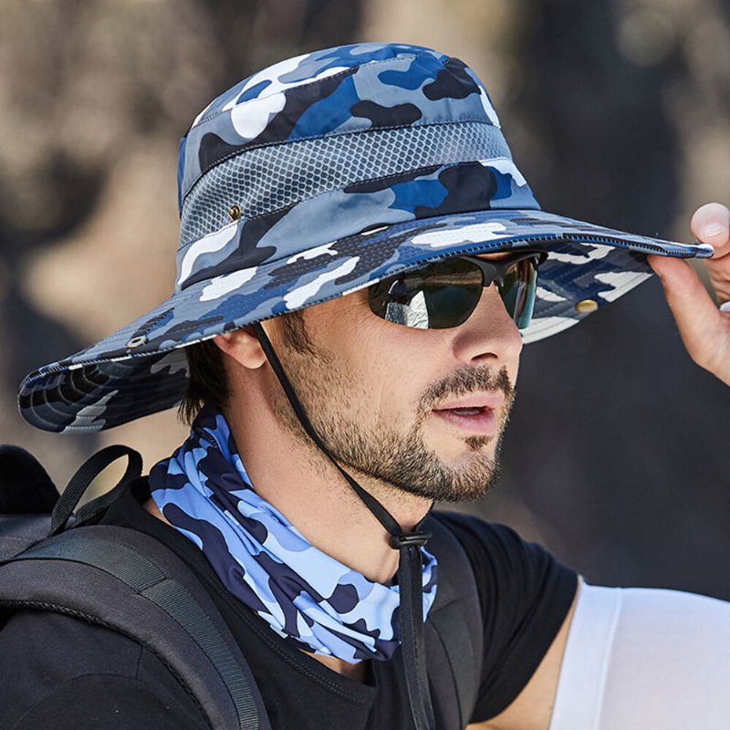 Hommes Seau Chapeau Polyester Camouflage Maille Respirant Large Bord Crème Solaire Pêche En Plein Air Escalade Seau Chapeau