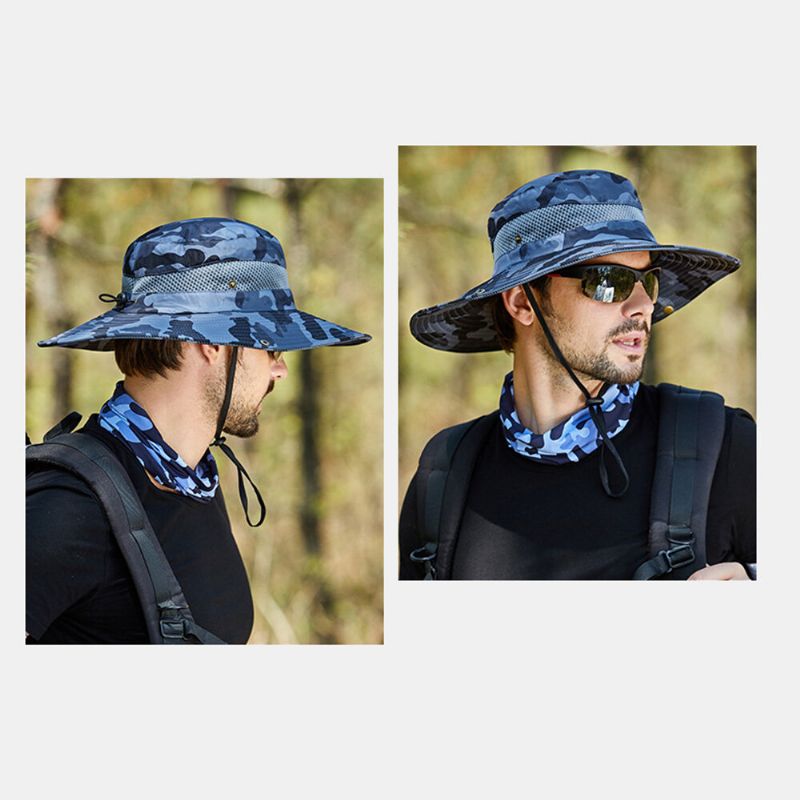 Hommes Seau Chapeau Polyester Camouflage Maille Respirant Large Bord Crème Solaire Pêche En Plein Air Escalade Seau Chapeau