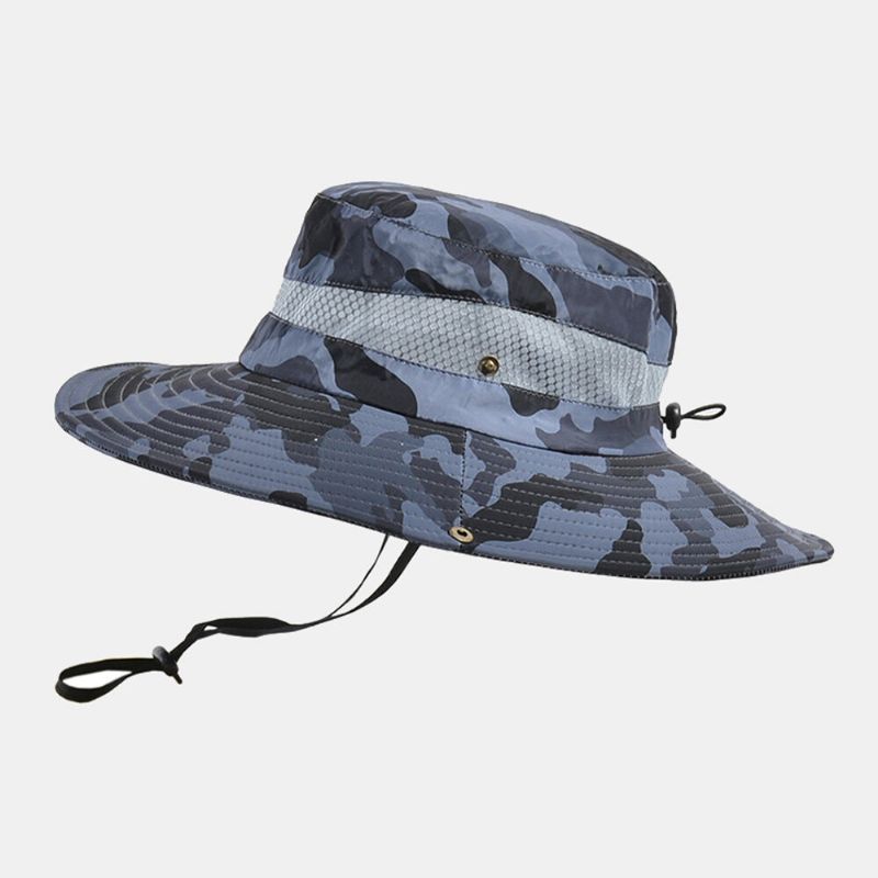 Hommes Seau Chapeau Polyester Camouflage Maille Respirant Large Bord Crème Solaire Pêche En Plein Air Escalade Seau Chapeau