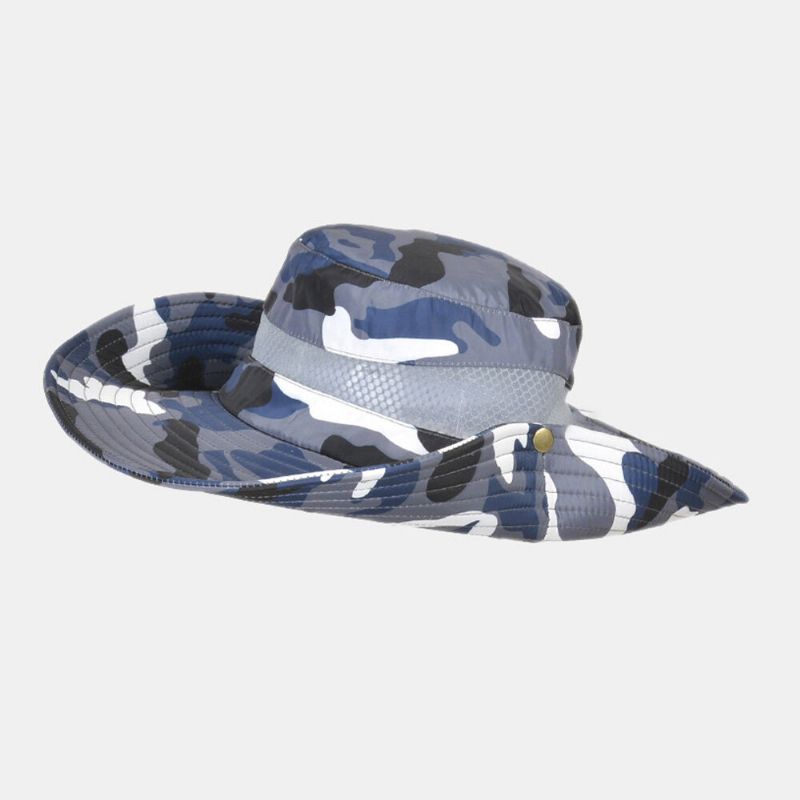 Hommes Seau Chapeau Polyester Camouflage Maille Respirant Large Bord Crème Solaire Pêche En Plein Air Escalade Seau Chapeau