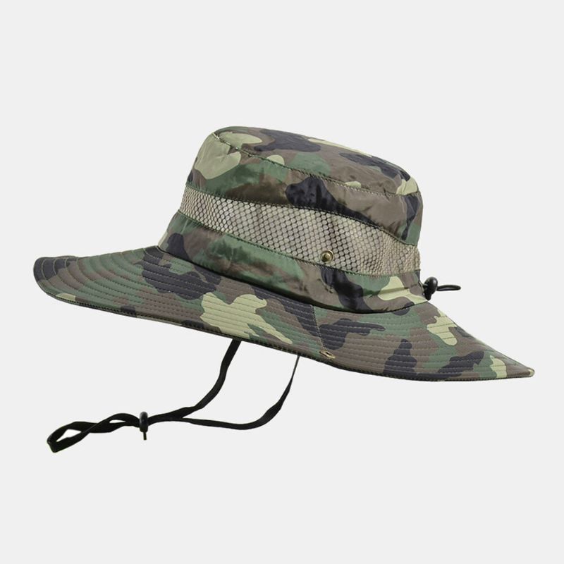 Hommes Seau Chapeau Polyester Camouflage Maille Respirant Large Bord Crème Solaire Pêche En Plein Air Escalade Seau Chapeau